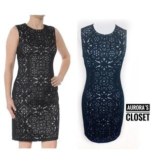 DKNY 4 Black Bodycon Laser Cut Overlay Gray Lining Sleeveless High Neck Knee NWT